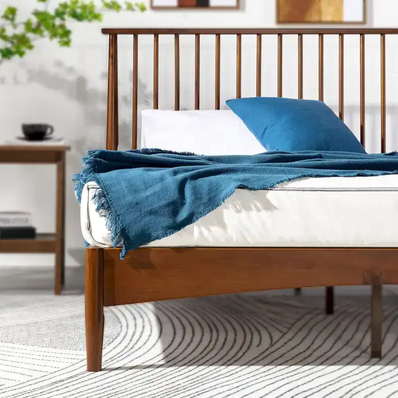 Mid-Century Solid Wood Platform Bed Frame with Spindled Headboard