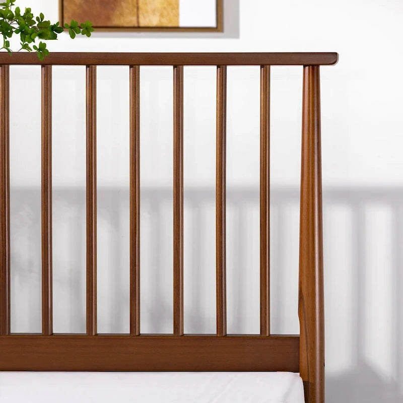 Mid-Century Solid Wood Platform Bed Frame with Spindled Headboard