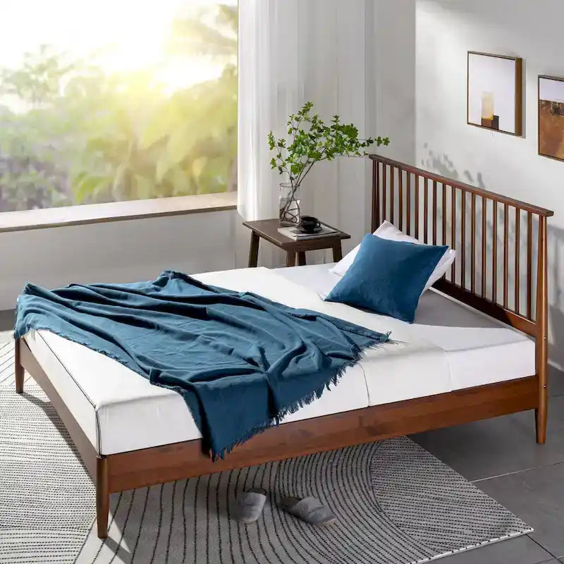 Mid-Century Solid Wood Platform Bed Frame with Spindled Headboard