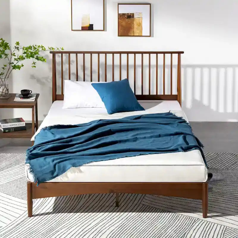 Mid-Century Solid Wood Platform Bed Frame with Spindled Headboard