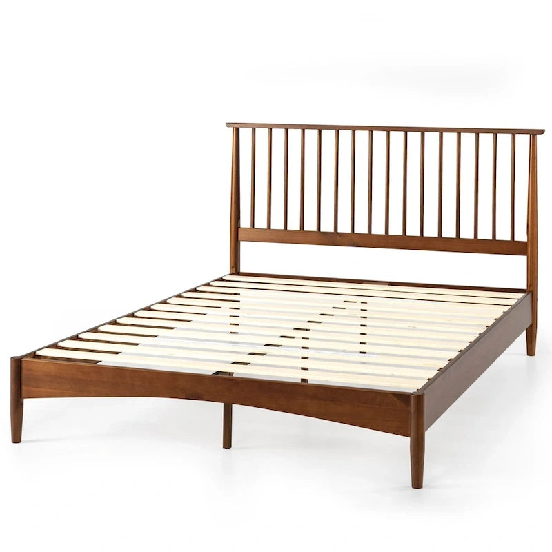 Mid-Century Solid Wood Platform Bed Frame with Spindled Headboard