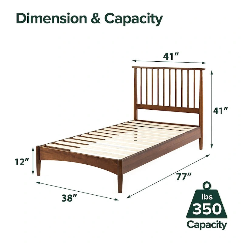 Mid-Century Solid Wood Platform Bed Frame with Spindled Headboard