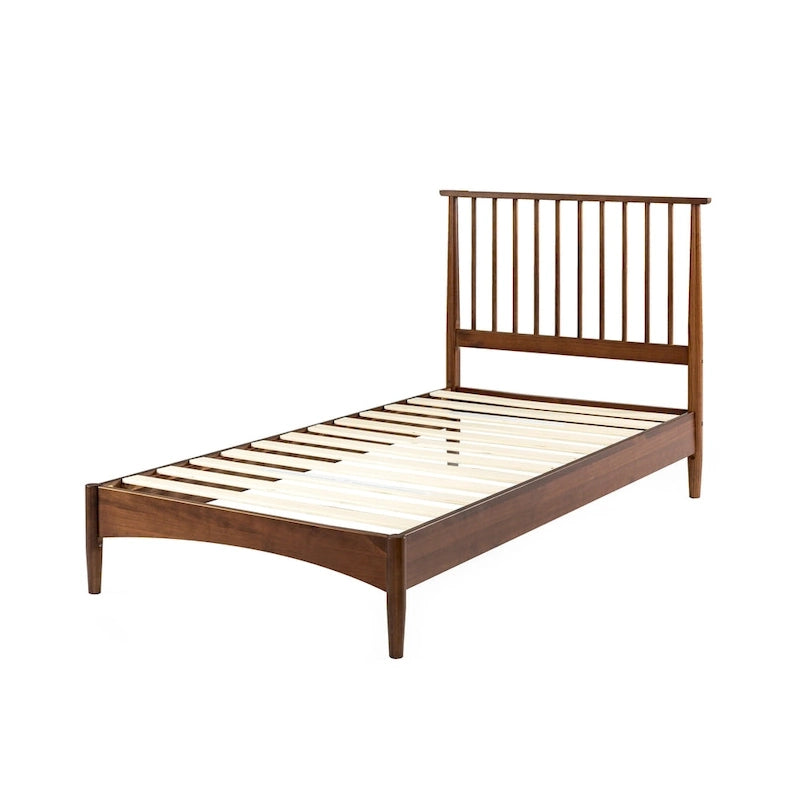 Mid-Century Solid Wood Platform Bed Frame with Spindled Headboard