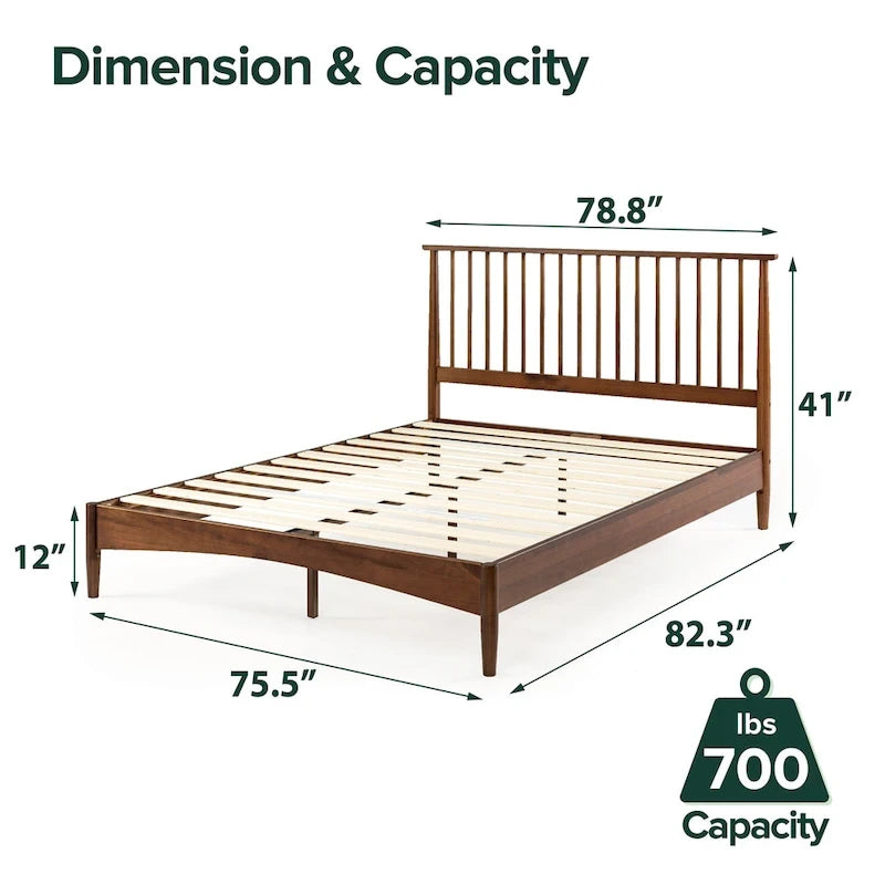 Mid-Century Solid Wood Platform Bed Frame with Spindled Headboard