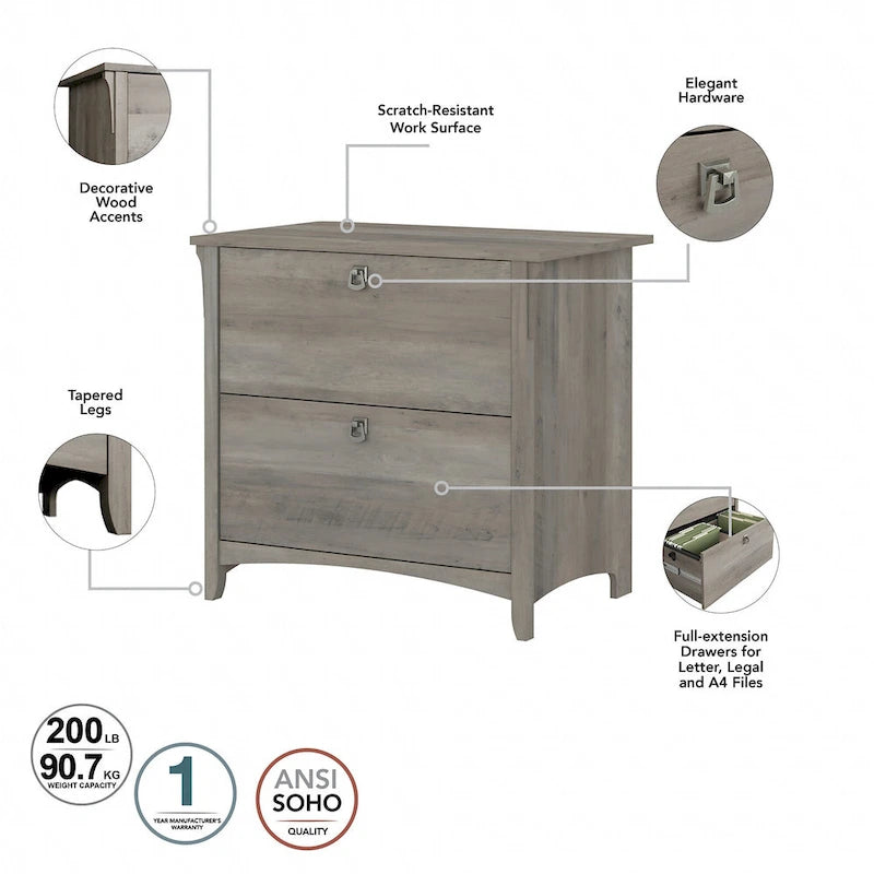 2-Drawer Lateral File Cabinet with Tapered Legs, Ball Bearing Slides and Distressed Finish