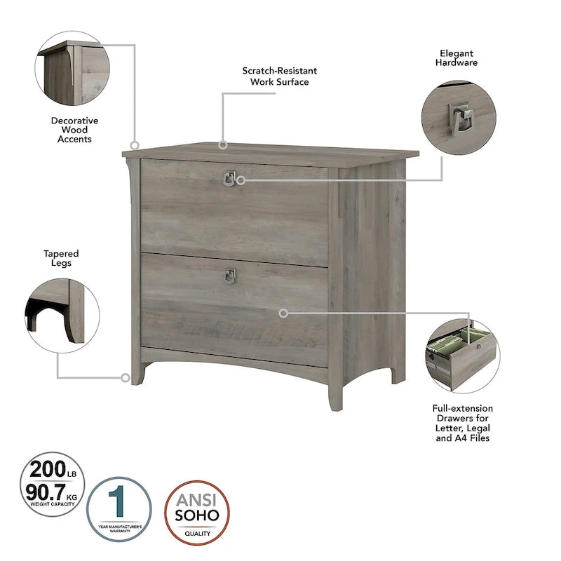 2-Drawer Lateral File Cabinet with Tapered Legs, Ball Bearing Slides and Distressed Finish