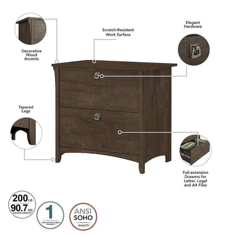 2-Drawer Lateral File Cabinet with Tapered Legs, Ball Bearing Slides and Distressed Finish