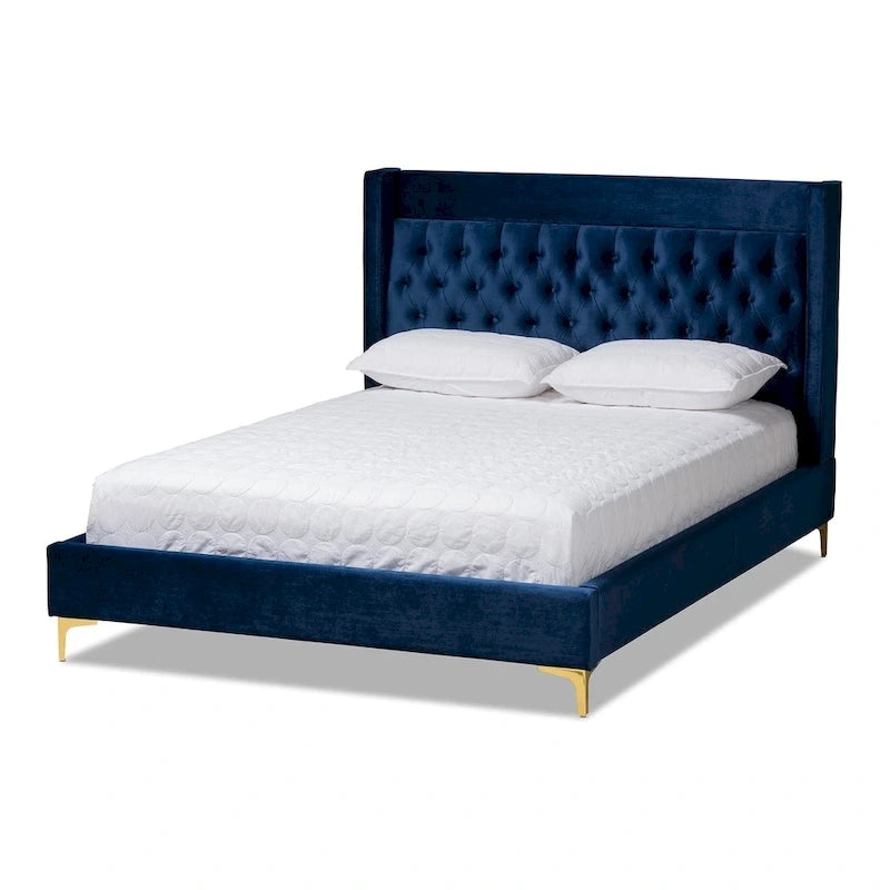 Velvet Upholstered Tufted Wingback Platform Bed