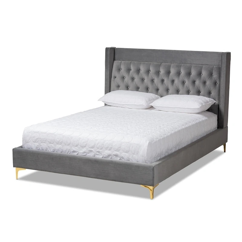 Velvet Upholstered Tufted Wingback Platform Bed