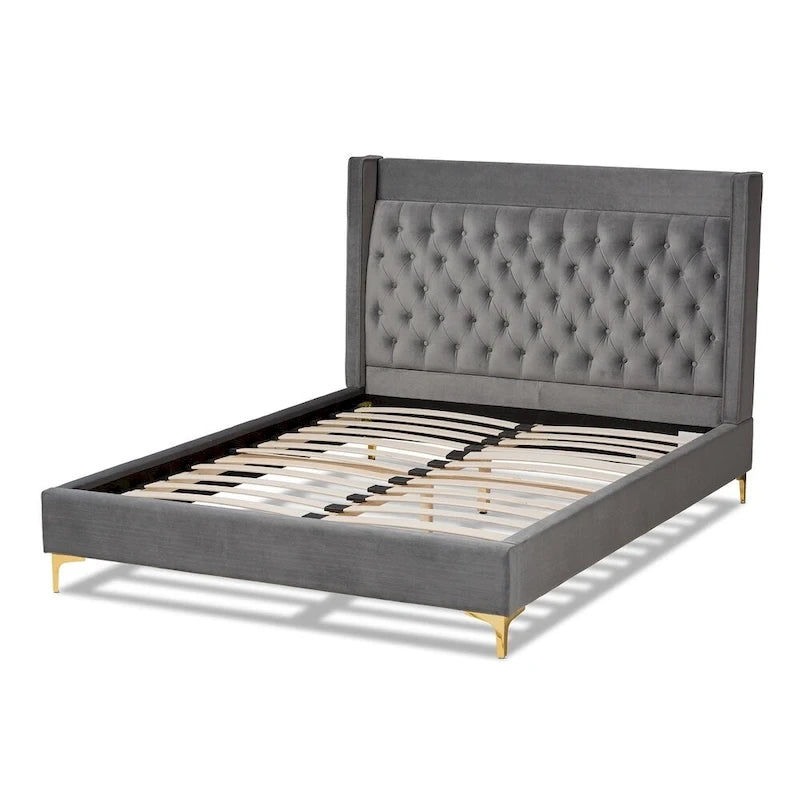 Velvet Upholstered Tufted Wingback Platform Bed