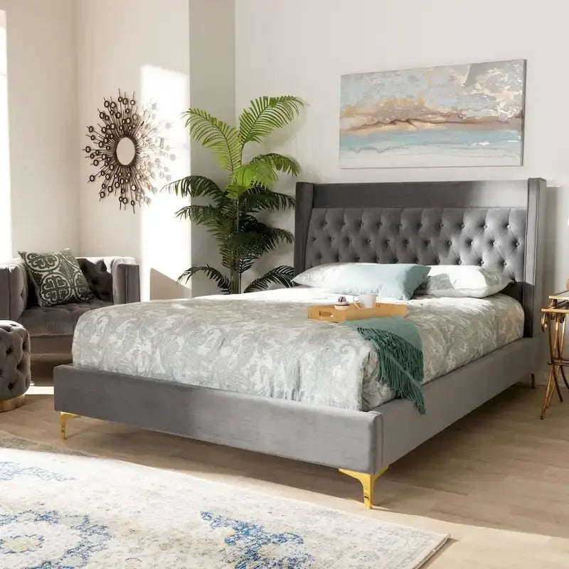Velvet Upholstered Tufted Wingback Platform Bed
