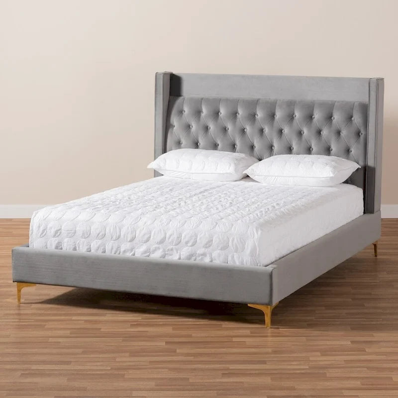 Velvet Upholstered Tufted Wingback Platform Bed