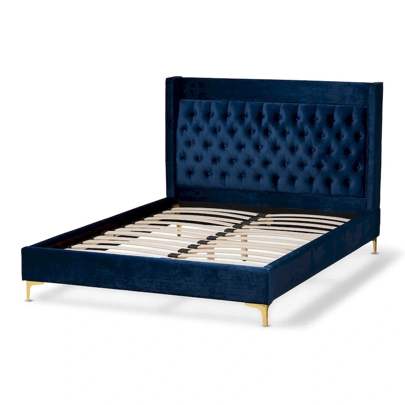 Velvet Upholstered Tufted Wingback Platform Bed