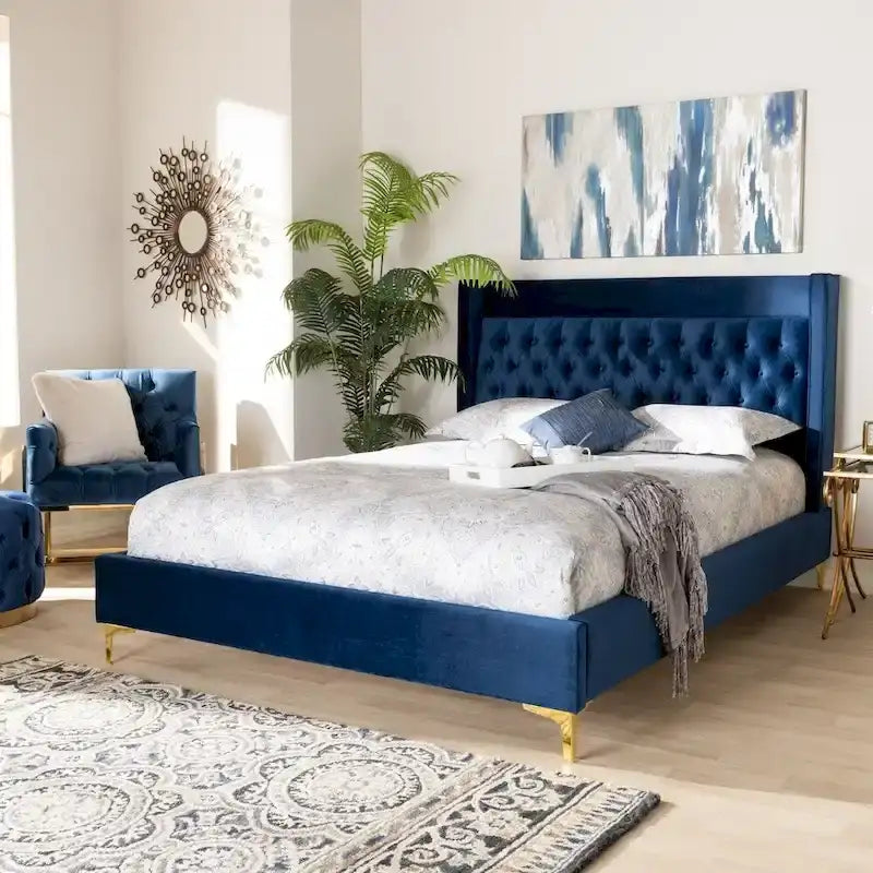 Velvet Upholstered Tufted Wingback Platform Bed