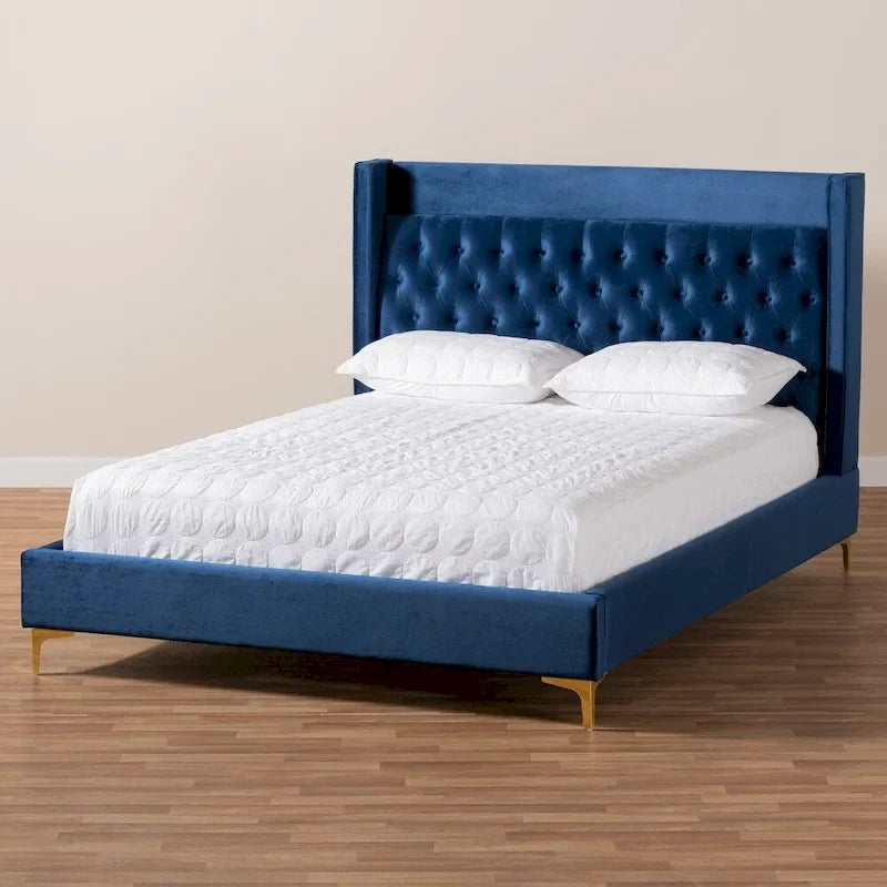 Velvet Upholstered Tufted Wingback Platform Bed
