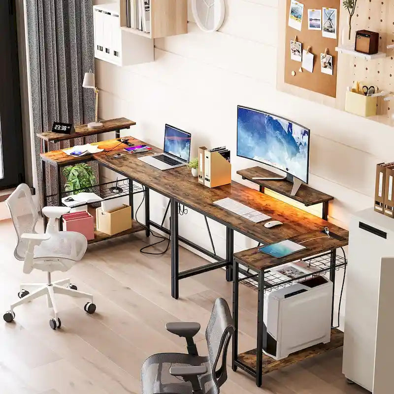 Reversible L-Shaped LED Desk with Built-In Power Outlets, Monitor Stand and Storage Grid