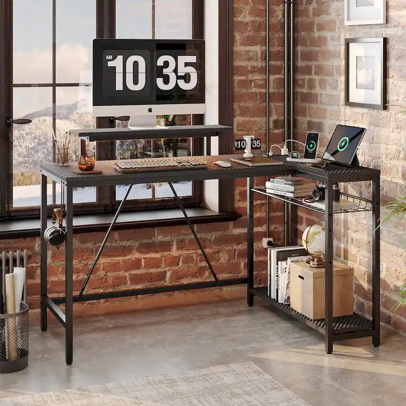 Reversible L-Shaped LED Desk with Built-In Power Outlets, Monitor Stand and Storage Grid