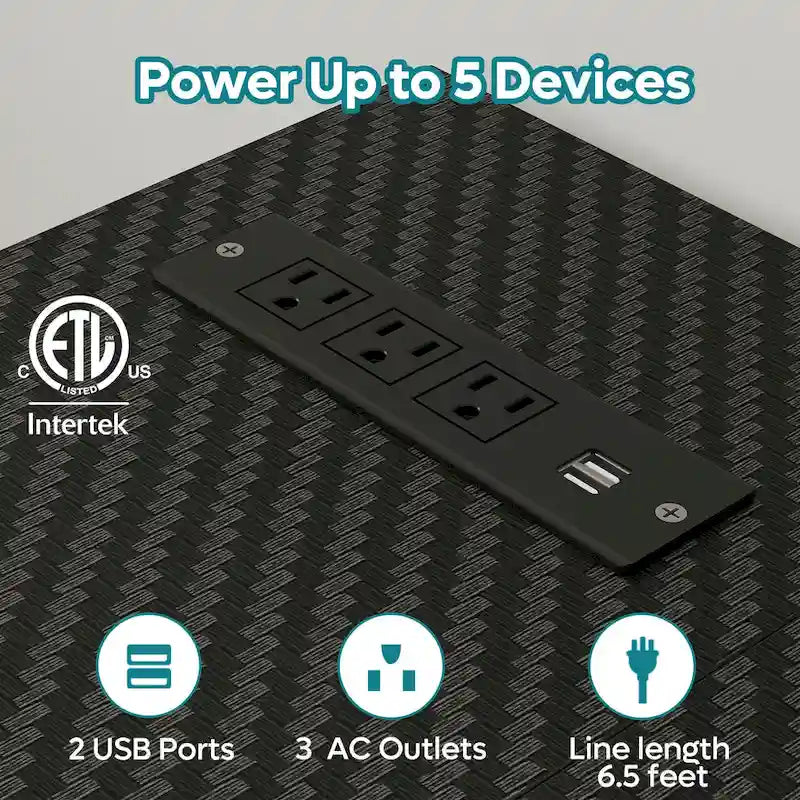 Reversible L-Shaped LED Desk with Built-In Power Outlets, Monitor Stand and Storage Grid