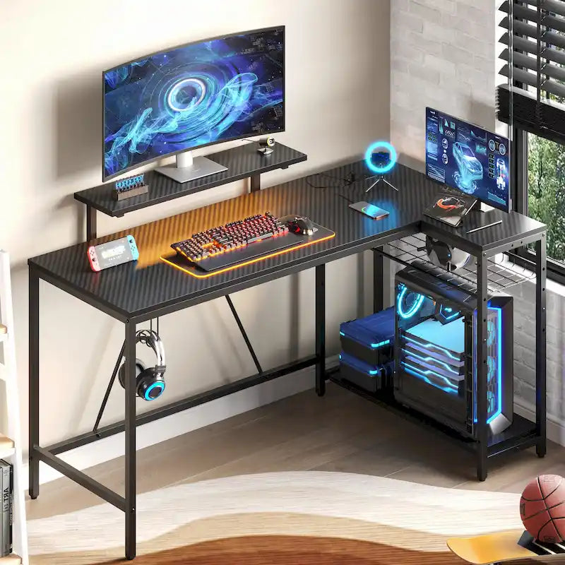 Reversible L-Shaped LED Desk with Built-In Power Outlets, Monitor Stand and Storage Grid