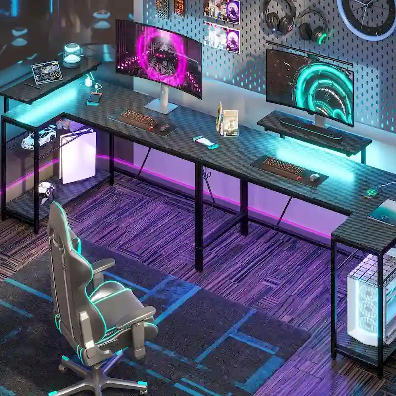 Reversible L-Shaped LED Desk with Built-In Power Outlets, Monitor Stand and Storage Grid