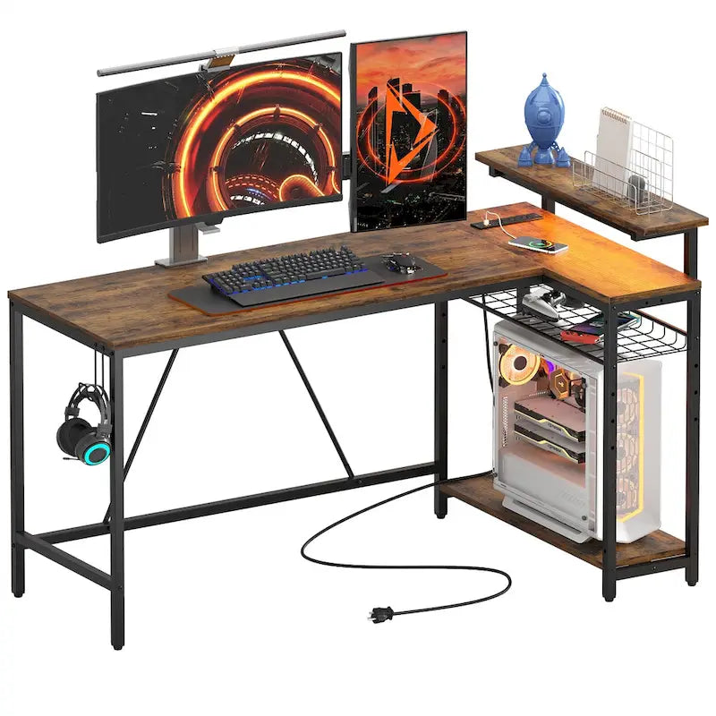 Reversible L-Shaped LED Desk with Built-In Power Outlets, Monitor Stand and Storage Grid