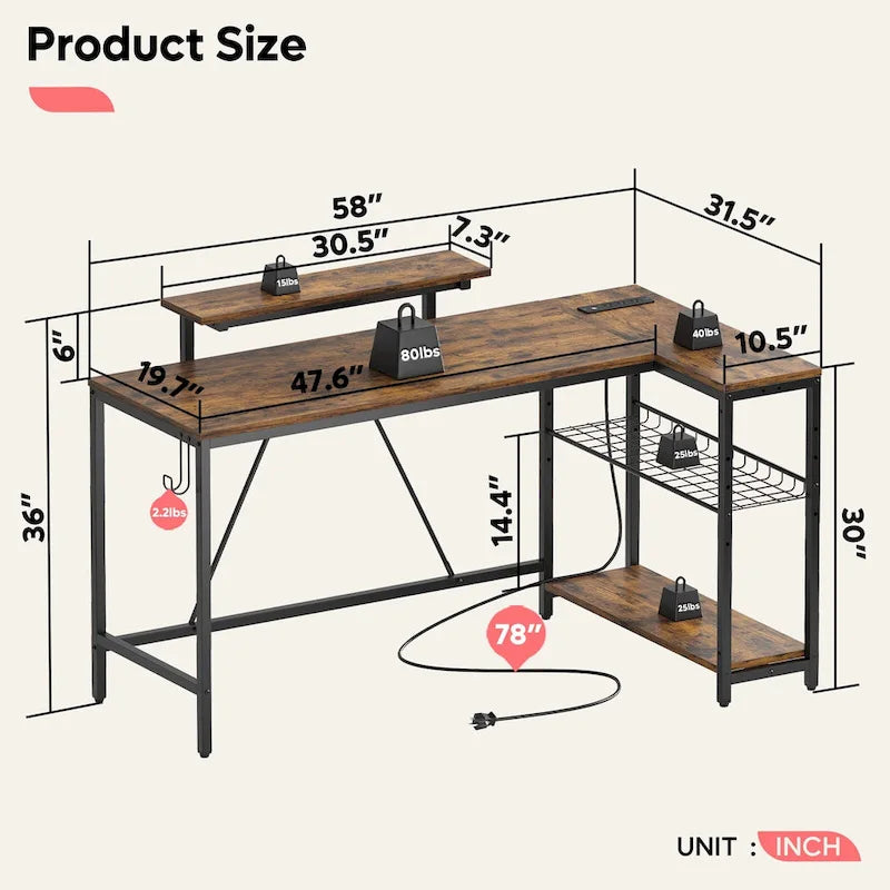 Reversible L-Shaped LED Desk with Built-In Power Outlets, Monitor Stand and Storage Grid