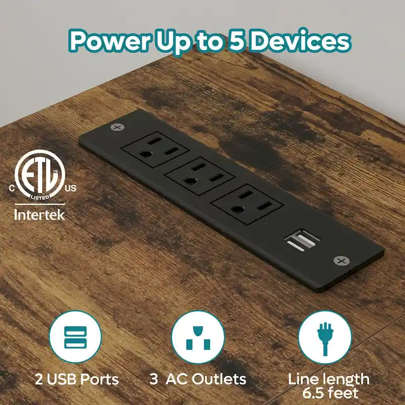 Reversible L-Shaped LED Desk with Built-In Power Outlets, Monitor Stand and Storage Grid