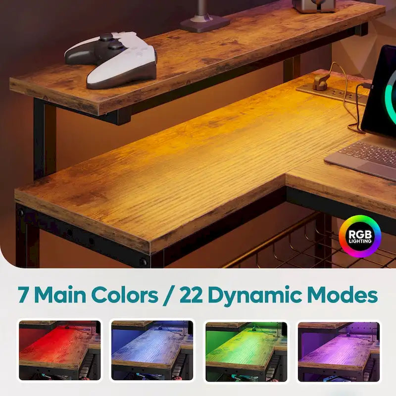 Reversible L-Shaped LED Desk with Built-In Power Outlets, Monitor Stand and Storage Grid