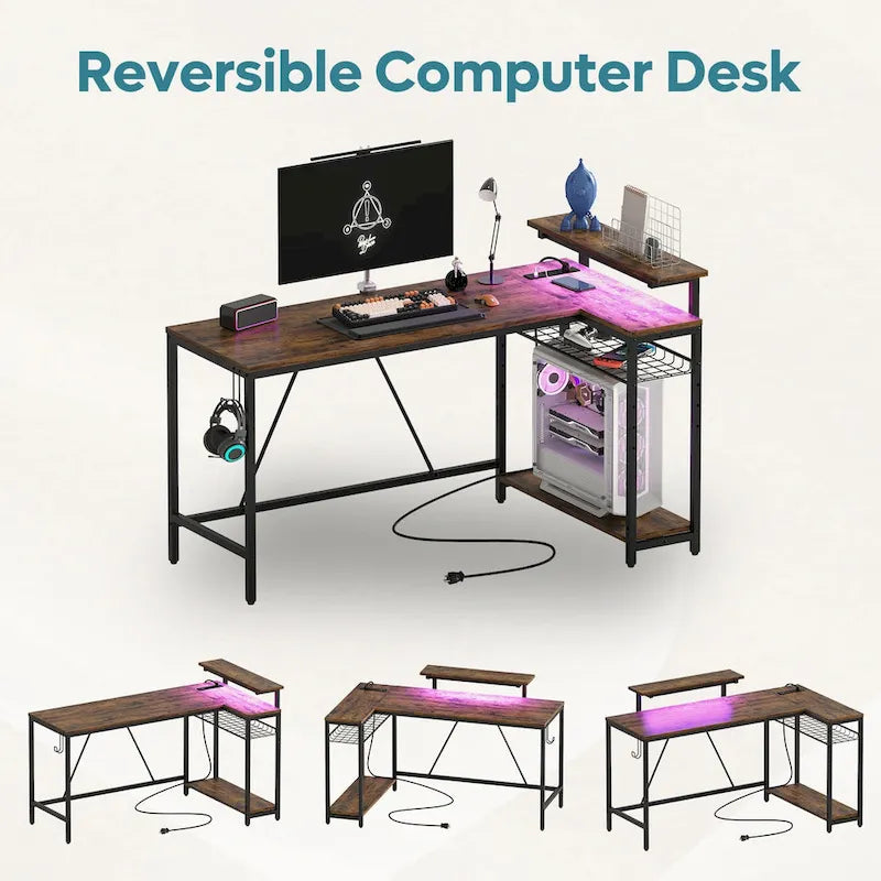 Reversible L-Shaped LED Desk with Built-In Power Outlets, Monitor Stand and Storage Grid