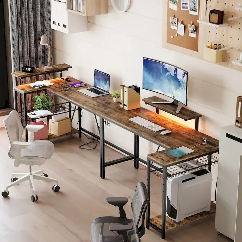 Reversible L-Shaped LED Desk with Built-In Power Outlets, Monitor Stand and Storage Grid