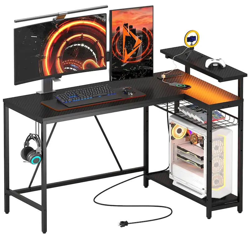 Reversible L-Shaped LED Desk with Built-In Power Outlets, Monitor Stand and Storage Grid