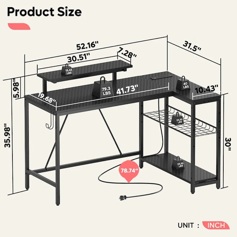 Reversible L-Shaped LED Desk with Built-In Power Outlets, Monitor Stand and Storage Grid
