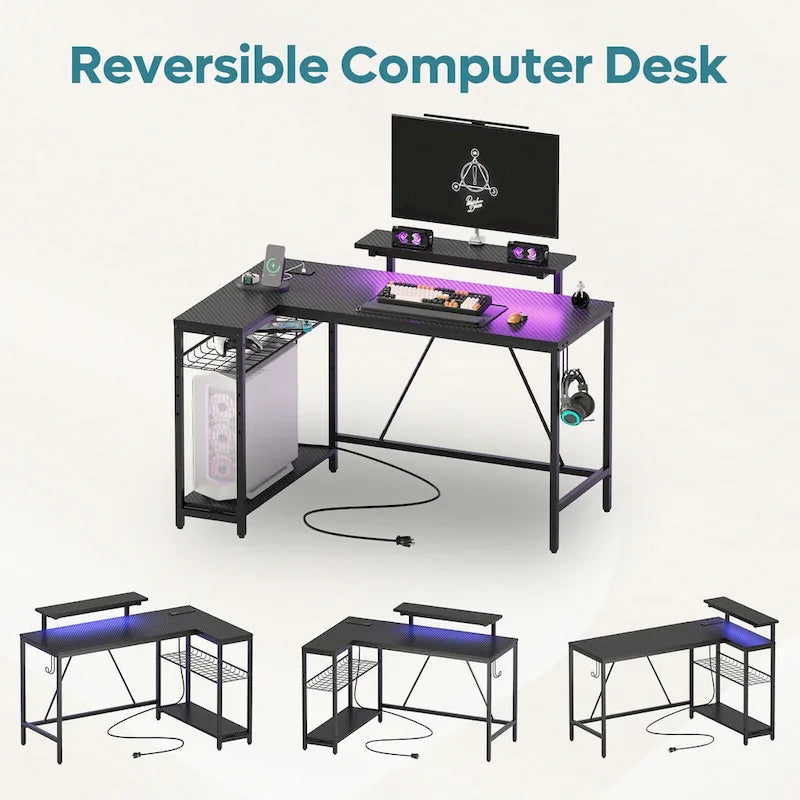 Reversible L-Shaped LED Desk with Built-In Power Outlets, Monitor Stand and Storage Grid