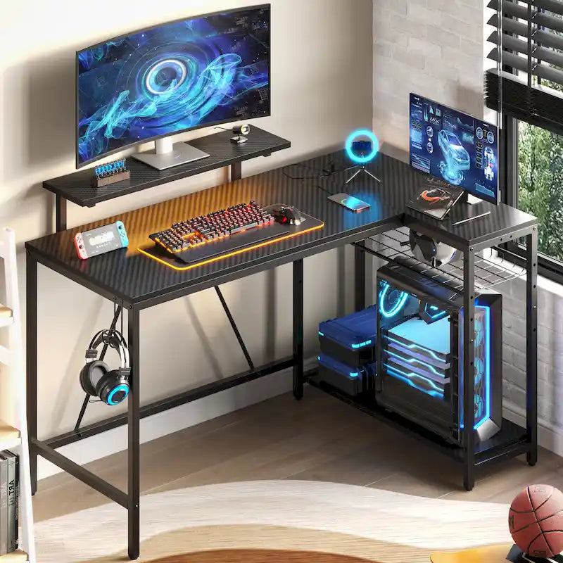 Reversible L-Shaped LED Desk with Built-In Power Outlets, Monitor Stand and Storage Grid