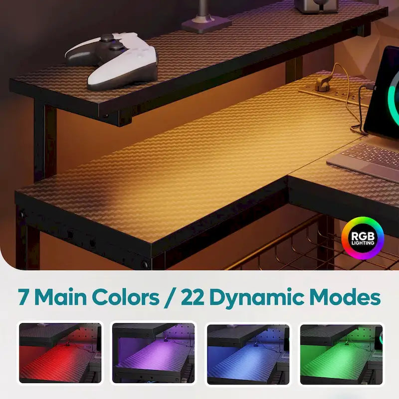 Reversible L-Shaped LED Desk with Built-In Power Outlets, Monitor Stand and Storage Grid