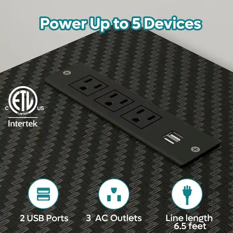Reversible L-Shaped LED Desk with Built-In Power Outlets, Monitor Stand and Storage Grid