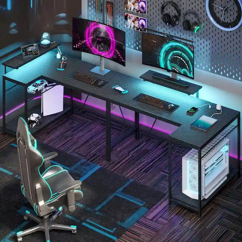 Reversible L-Shaped LED Desk with Built-In Power Outlets, Monitor Stand and Storage Grid