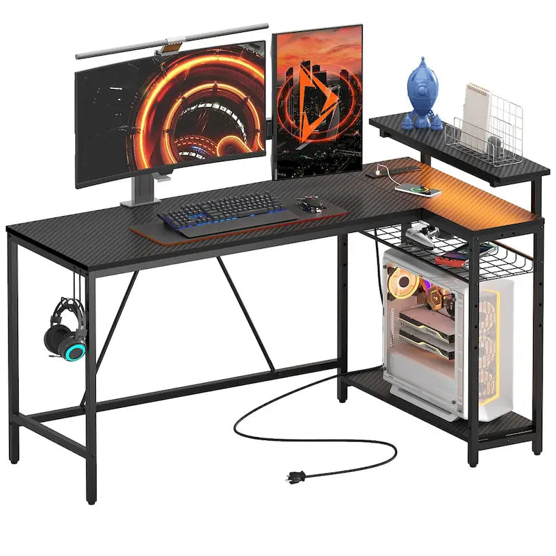 Reversible L-Shaped LED Desk with Built-In Power Outlets, Monitor Stand and Storage Grid