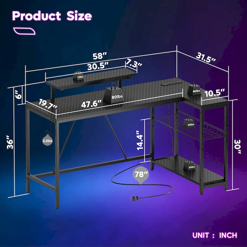Reversible L-Shaped LED Desk with Built-In Power Outlets, Monitor Stand and Storage Grid