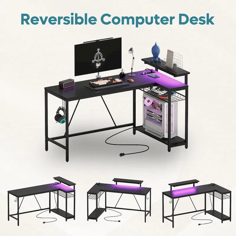 Reversible L-Shaped LED Desk with Built-In Power Outlets, Monitor Stand and Storage Grid