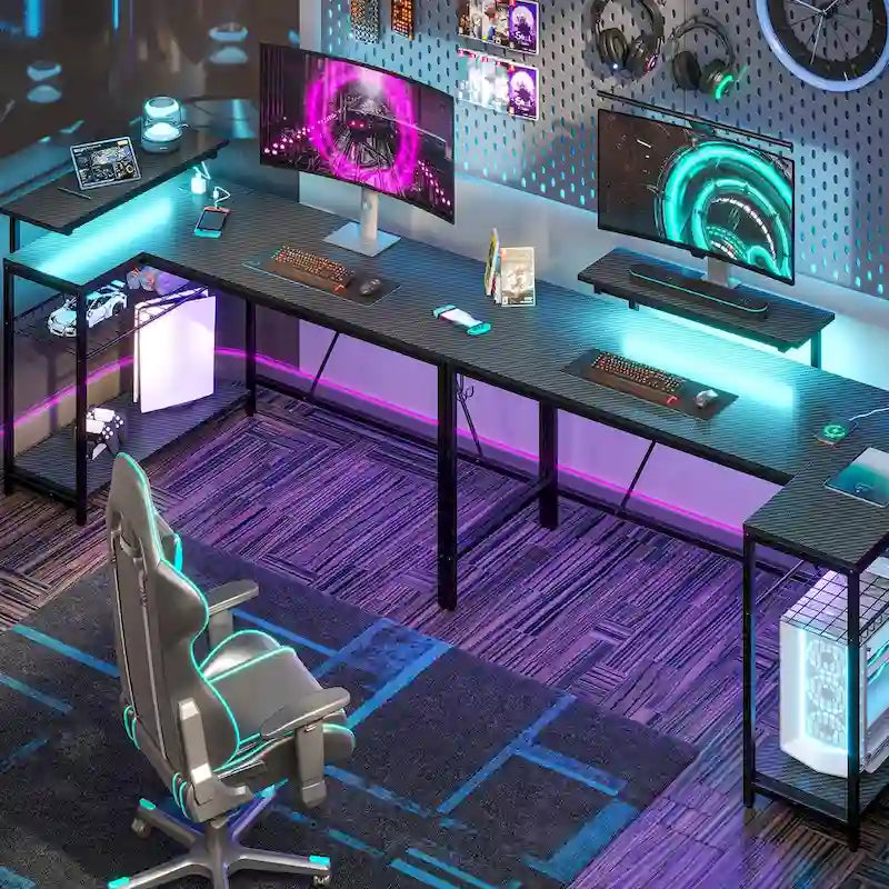 Reversible L-Shaped LED Desk with Built-In Power Outlets, Monitor Stand and Storage Grid