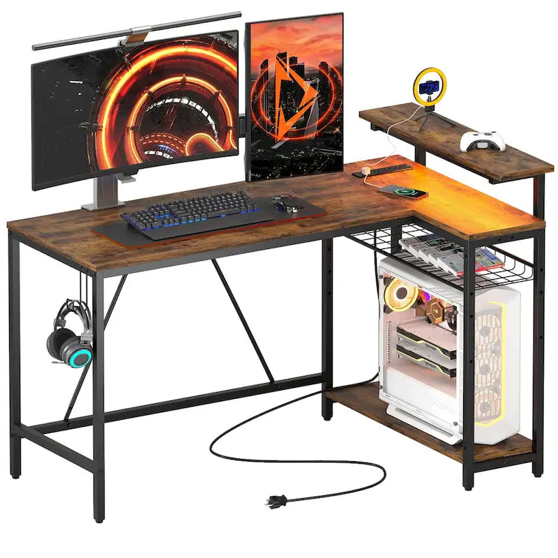 Reversible L-Shaped LED Desk with Built-In Power Outlets, Monitor Stand and Storage Grid