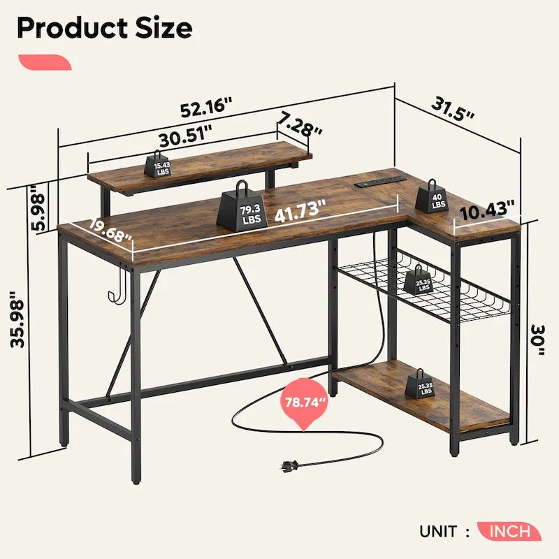 Reversible L-Shaped LED Desk with Built-In Power Outlets, Monitor Stand and Storage Grid