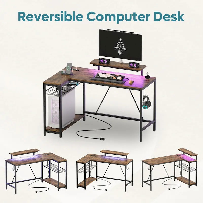 Reversible L-Shaped LED Desk with Built-In Power Outlets, Monitor Stand and Storage Grid