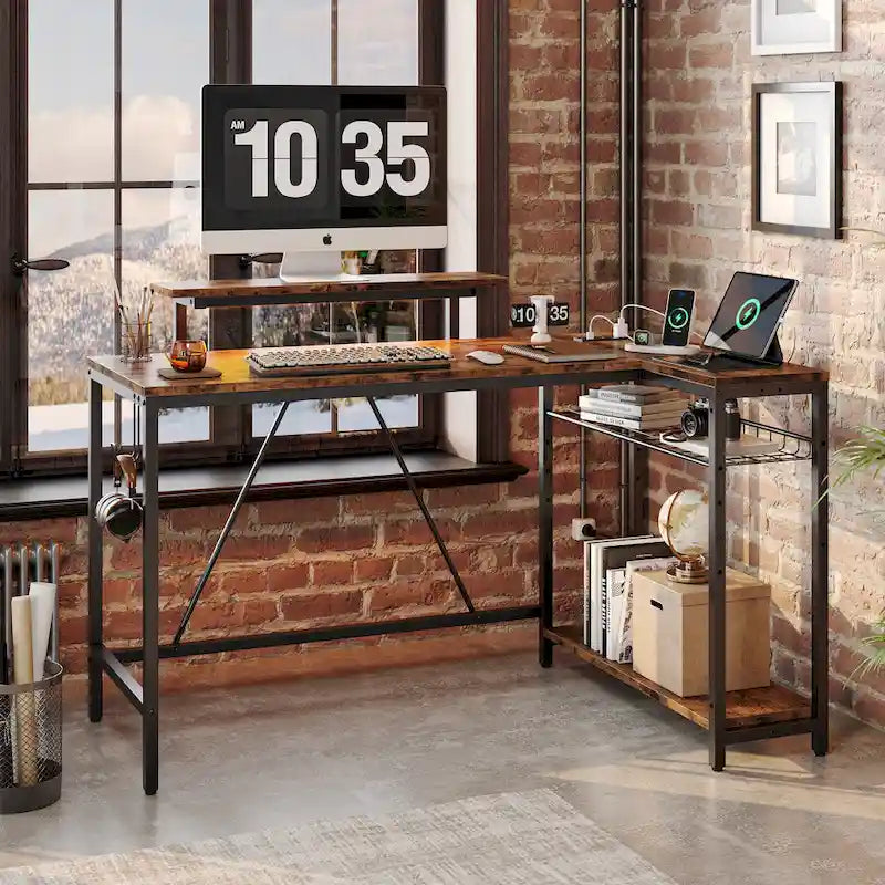 Reversible L-Shaped LED Desk with Built-In Power Outlets, Monitor Stand and Storage Grid