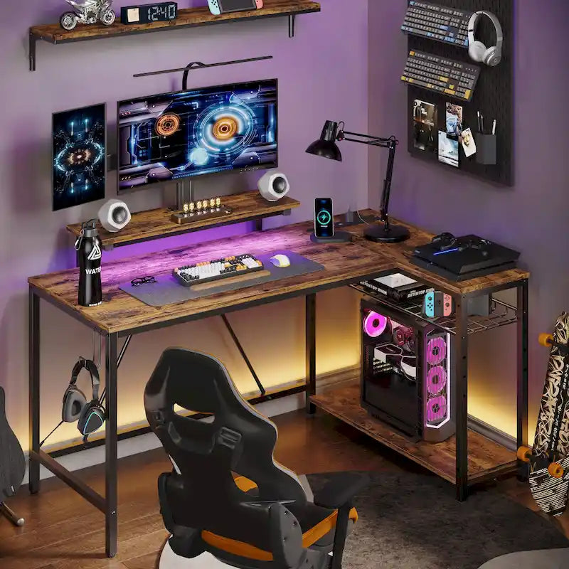 Reversible L-Shaped LED Desk with Built-In Power Outlets, Monitor Stand and Storage Grid