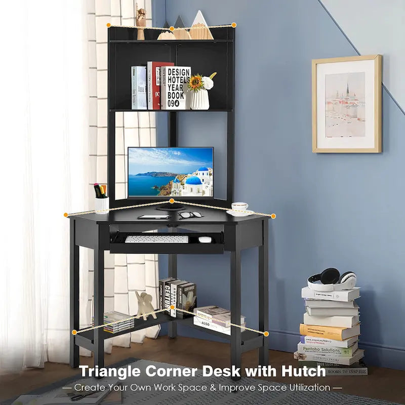 Bureau d'angle avec huche Bureau d'ordinateur d'angle triangulaire avec étagères