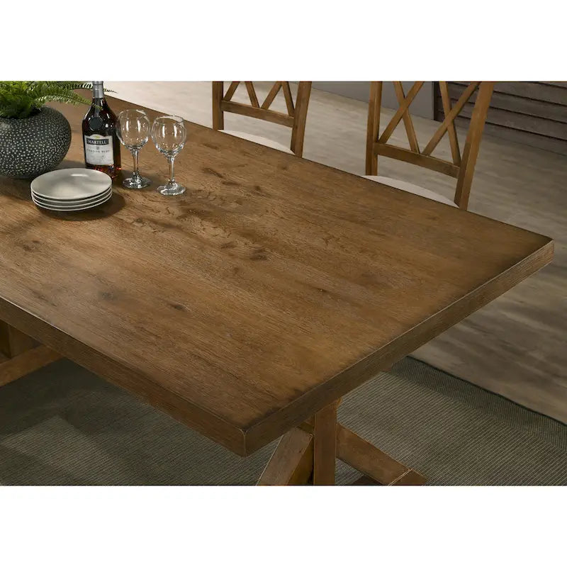Farmhouse Rectangular X-Trestle Dining Table with Oak Veneer Top – Brushed Driftwood