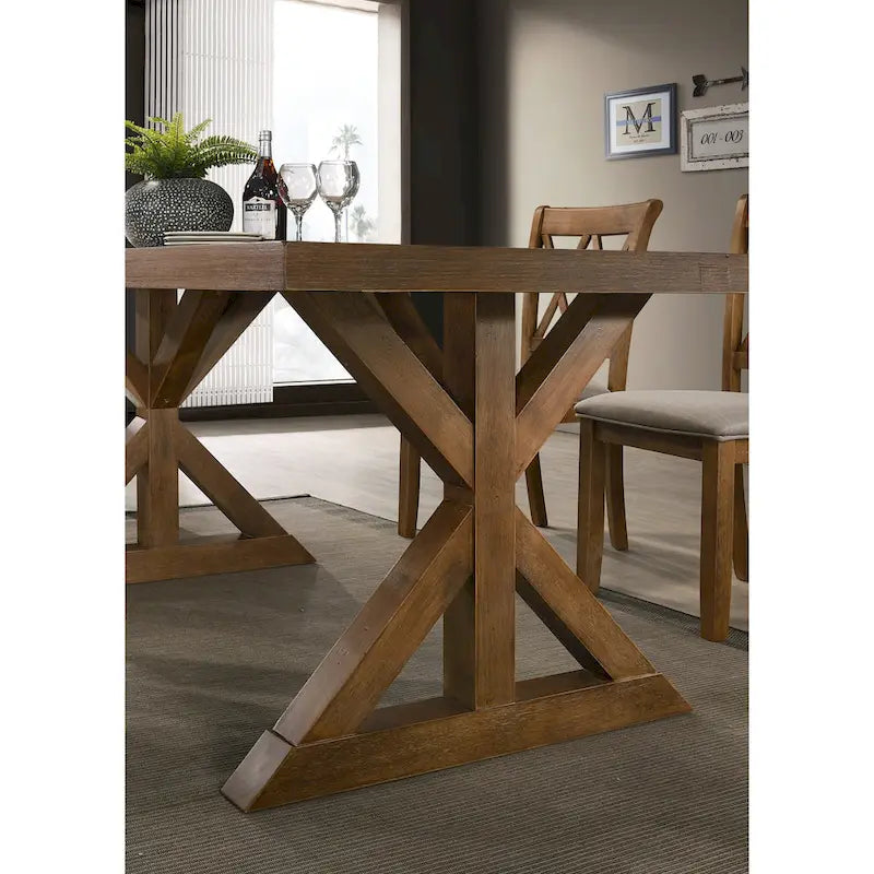 Farmhouse Rectangular X-Trestle Dining Table with Oak Veneer Top – Brushed Driftwood