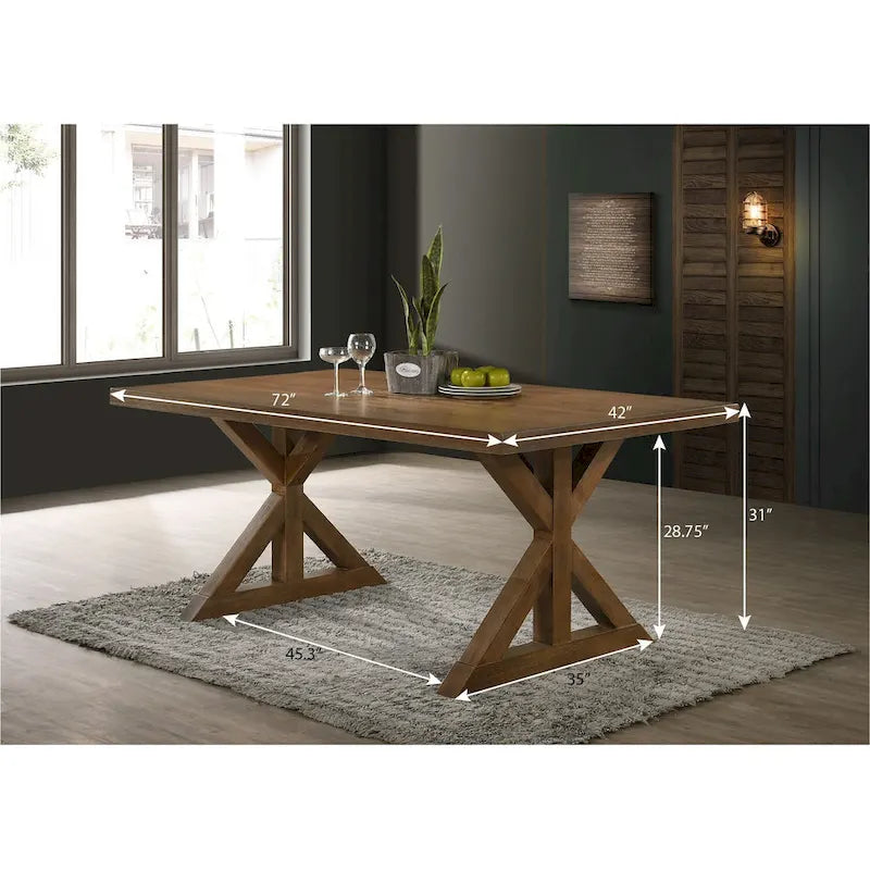 Farmhouse Rectangular X-Trestle Dining Table with Oak Veneer Top – Brushed Driftwood